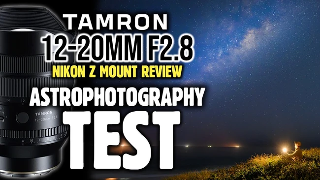 Tamron 12-20mm F2.8 lens with Nikon Z mount positioned left of a nighttime landscape featuring the Milky Way galaxy and distant lights