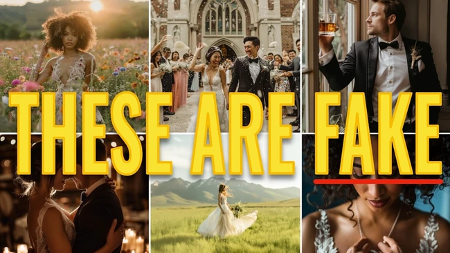 Graphic with yellow text overlay reading 'THESE ARE FAKE' across six wedding photography images