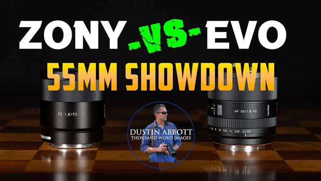 Graphic comparing two 55mm lenses: Zony and US-EVO, displayed side by side with dramatic lighting