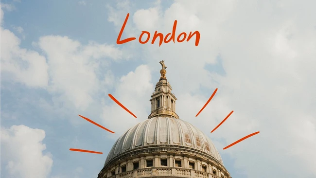 St. Paul's Cathedral dome with red radiating lines and 'London' text overlay