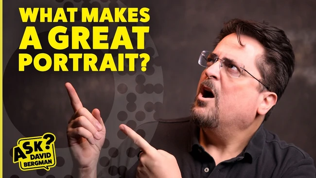 Graphic with yellow text asking 'What makes a great portrait?' featuring a man in glasses gesturing while speaking