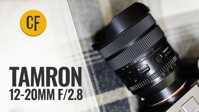 Tamron 12-20mm f/2.8 wide-angle zoom lens with lens hood attached