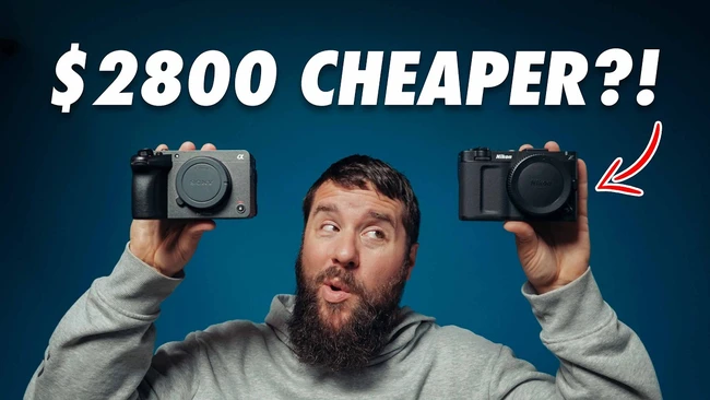 Graphic comparing two compact cameras held by a bearded man against a blue background
