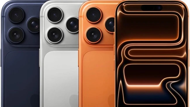 Four smartphone models displayed in a row showing rear camera systems and color options