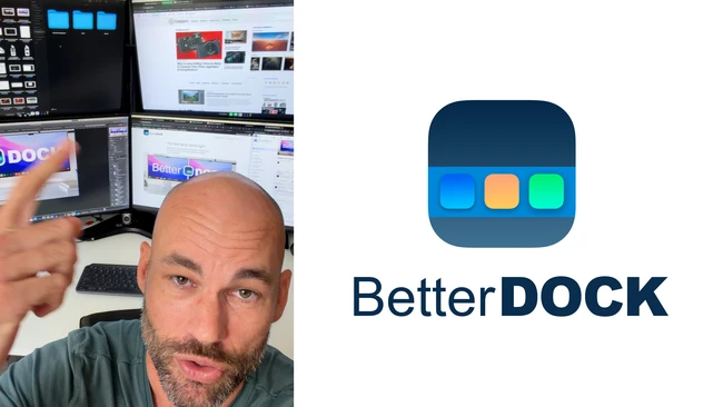 Screenshot showing BetterDock app logo alongside a person at a multi-monitor workspace setup