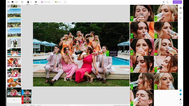 Screenshot of photo editing software showing group portrait at poolside with contact sheet of individual headshots