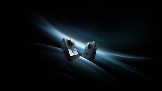Illustration of two compact action cameras positioned against a dark background with dramatic blue lighting effects