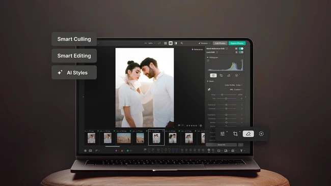 Screenshot of photo editing software displaying portrait image with adjustment panels and AI tools visible