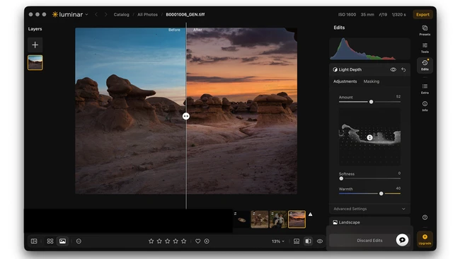Screenshot of Luminar photo editing interface showing side-by-side comparison of desert landscape at sunset