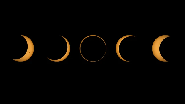 Illustration of five moon phases arranged horizontally, from crescent to full to crescent