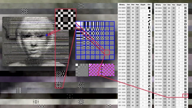 Digital glitch art composition with grayscale portrait, checkerboard patterns, and data visualization charts