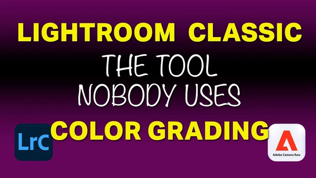 Graphic advertising Lightroom Classic color grading tutorial with Adobe and Lrc logos