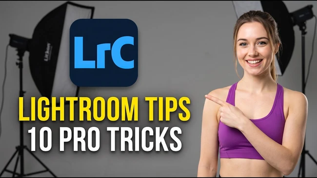 Adobe Lightroom logo and 'Lightroom Tips: 10 Pro Tricks' title with woman in purple top pointing to text
