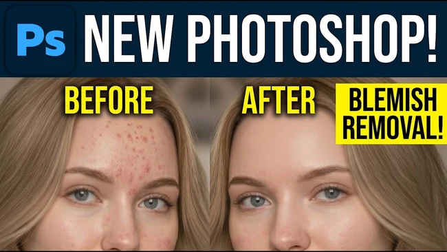 Before and after comparison graphic showing blemish removal retouching in Photoshop