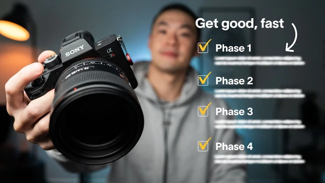 Photographer holding Sony mirrorless camera with telephoto lens, displaying four-phase learning framework