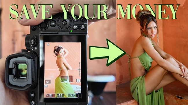 Graphic comparing professional camera setup to final portrait result with 'Save Your Money' text