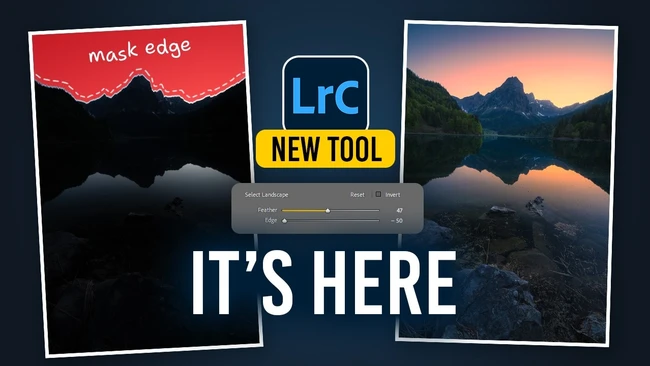Graphic announcing new Lightroom Classic mask edge tool with before/after landscape photos