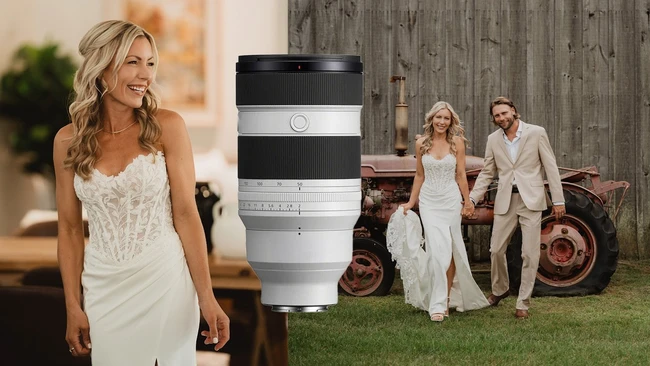 Bride in white beaded gown and groom in cream suit pose before vintage truck with rustic barn backdrop