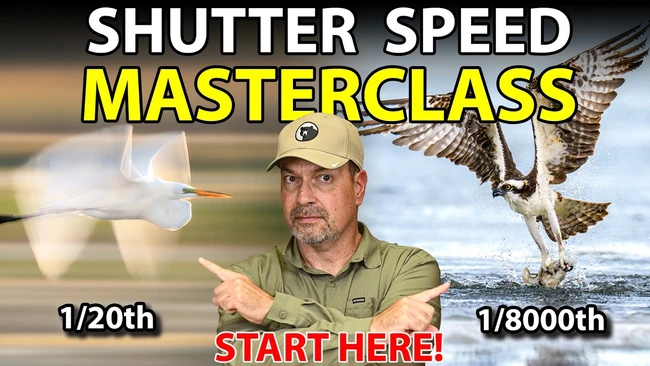 Graphic comparing shutter speed ranges from 1/20th to 1/8000th with instructor pointing to starting point
