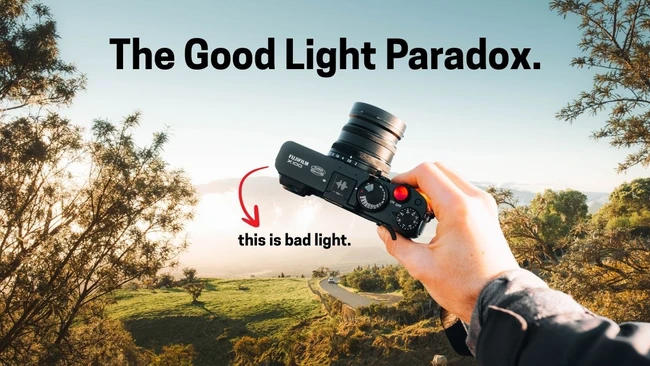 Graphic illustration titled 'The Good Light Paradox' showing a hand holding a cinema camera against a golden-hour landscape, with an arrow labeling the backlit scene as 'bad light'