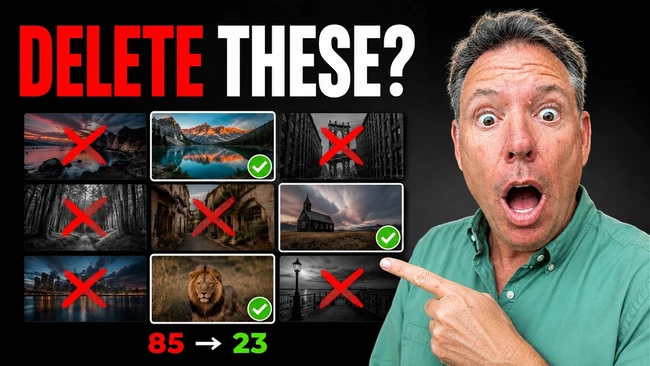 Graphic illustration showing photography selection exercise with man pointing at images marked for deletion
