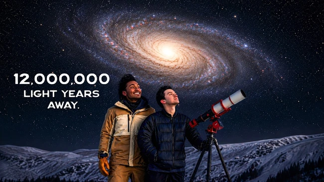 Two observers with telescope on snowy mountain under spiral galaxy, text reading '12,000,000 light years away'