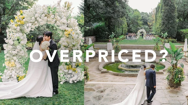 Split-frame wedding photography comparing ornate floral arch ceremony setup with garden venue landscape
