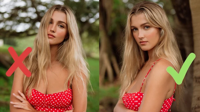 Side-by-side comparison of portrait retouching showing before and after skin processing