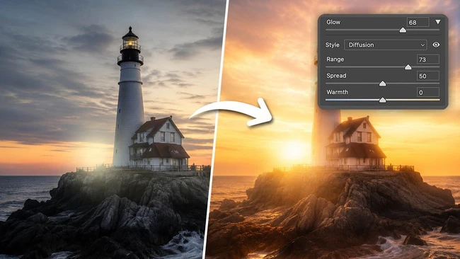 Screenshot showing before-and-after lighthouse photo editing with Glow filter settings panel