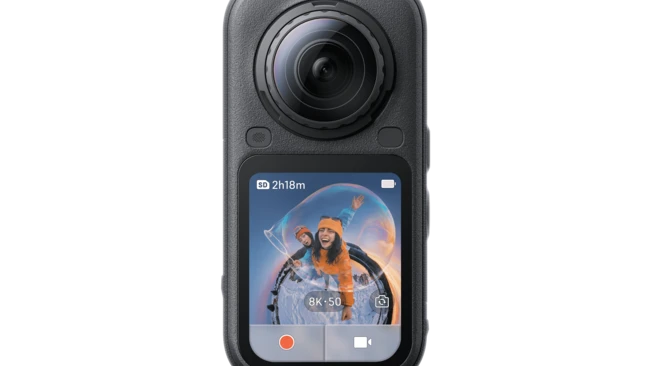Compact handheld action camera with flip-out LCD touchscreen displaying video interface