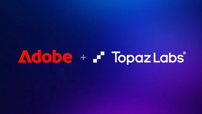 Logo graphic showing Adobe and Topaz Labs partnership with plus sign connector
