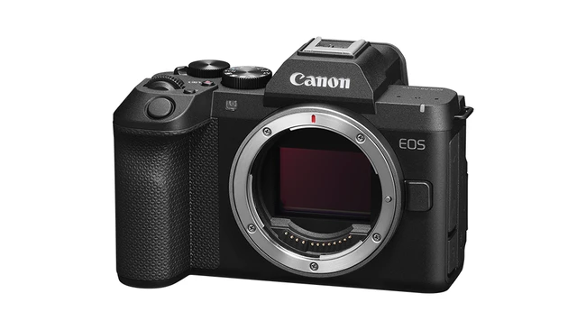 Canon EOS R5 mirrorless camera body shown from front with lens mount exposed