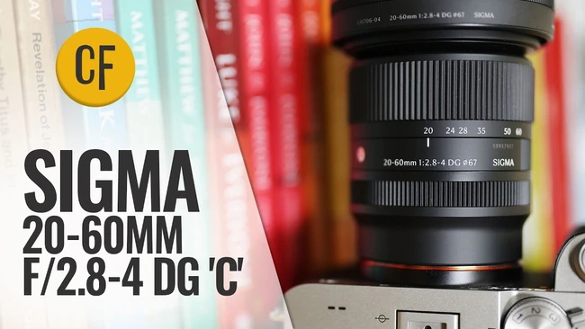 Sigma 20-60mm f/2.8-4 DG 'C' zoom lens displayed with product review branding