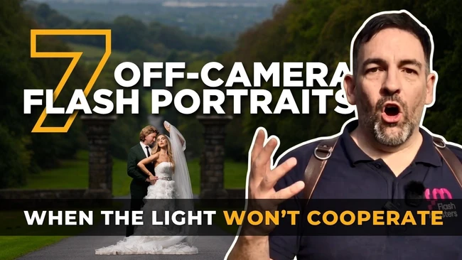 Man in dark shirt gesturing expressively next to off-camera flash portrait tutorial graphic