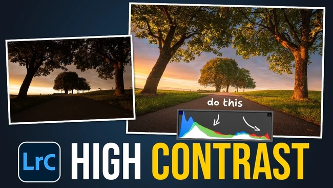 Graphic showing high contrast editing comparison with sunset landscape photos