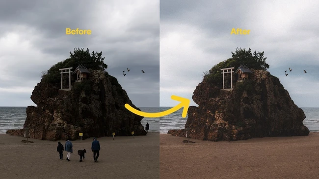 Before and after comparison of a rocky coastal formation with enhanced color grading