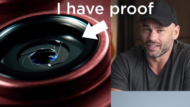 Split-screen meme with abstract red and blue circular design and person wearing black cap