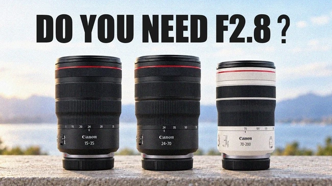 Three Canon RF-mount lenses displayed side by side against a blurred landscape background