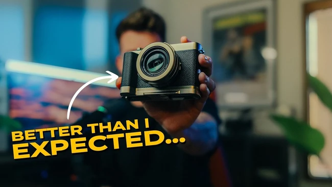 Photographer holding vintage film camera with expectation text overlay