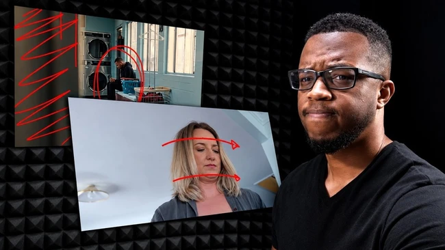 Male photographer demonstrating head tracking technology with overlay graphics on monitor showing facial mapping
