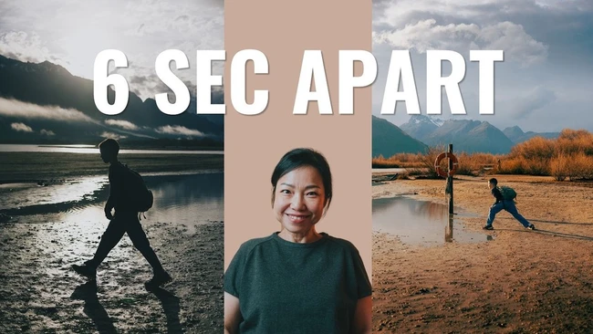 Three photographs arranged vertically with beige divider showing person in outdoor settings 6 seconds apart