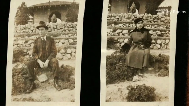 Two sepia-toned photographs showing people seated among large piles of stones with ancient fortification visible