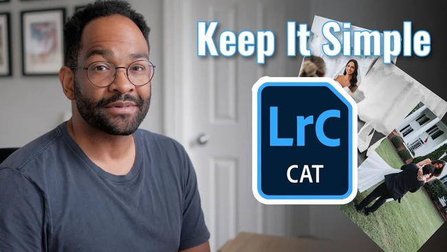 Man wearing glasses and dark shirt speaking to camera with LrC CAT logo and photo editing interface visible