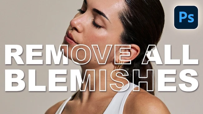 Tutorial graphic showing blemish removal technique in Adobe Photoshop