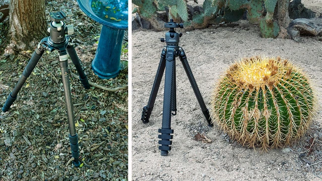 Two camera tripods with ball heads shown side by side outdoors, one on leaf-strewn mulch and one on sand beside a barrel cactus
