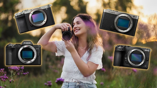 Woman holding mirrorless camera with four camera body options displayed around her