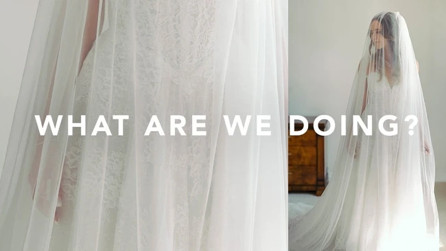 Person draped in sheer white fabric with overlay text reading 'WHAT ARE WE DOING?'