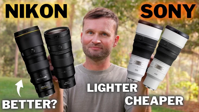 Man in a grey t-shirt holding Nikon and Sony telephoto lenses in a comparison thumbnail with 'Nikon', 'Sony', and 'Better?' text overlays.