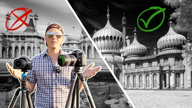 Man gesturing beside two tripod-mounted cameras, comparing a rejected monochrome palace shot with an approved one