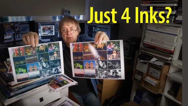 Man in glasses holding up two printed photo grids side by side to compare them, with yellow "Just 4 Inks?" text overlaid.